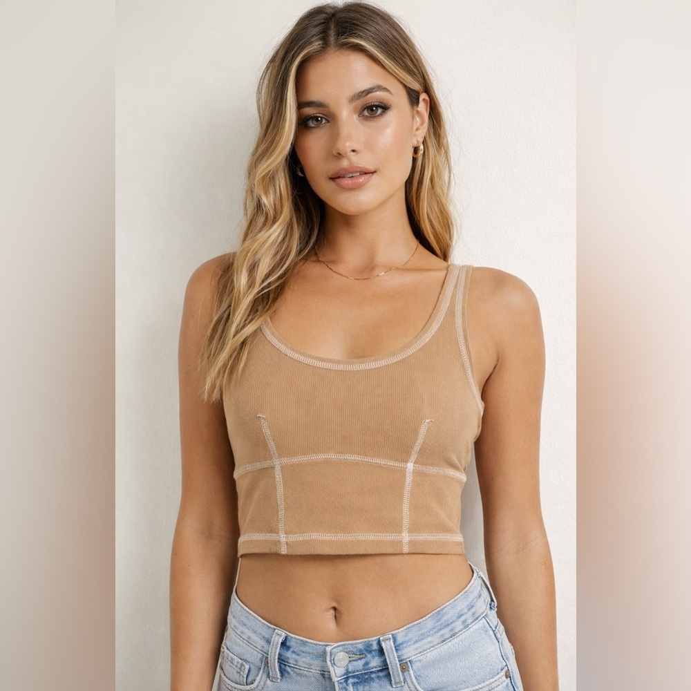 Princess Polly Tan Ribbed Crop Tank Top Size US 2 (AU 6 / EU 34)